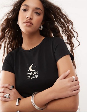 baby tee with moon child graphic in black
