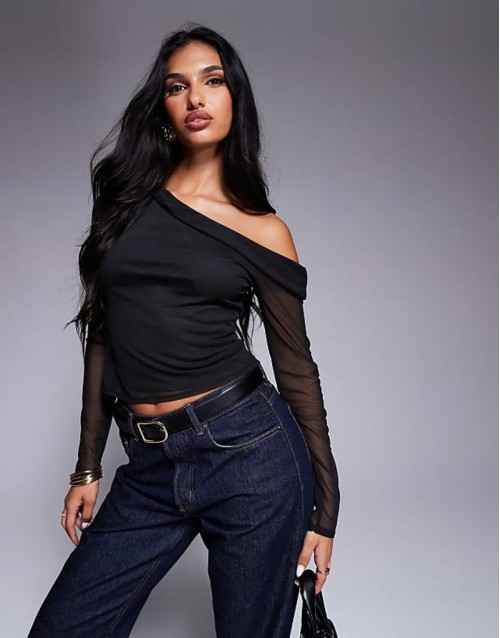 long sve off shoulder top in black mesh