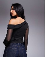 long sve off shoulder top in black mesh