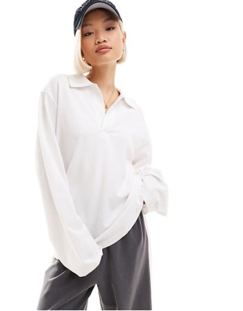 Toby oversized long sve polo top in white