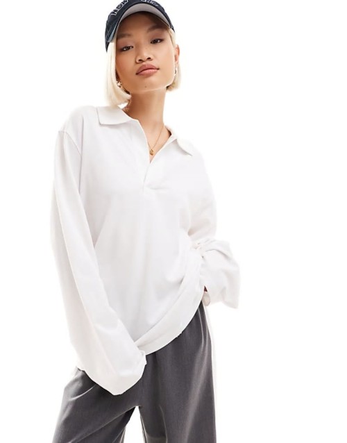 Toby oversized long sve polo top in white