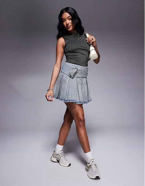 single belt mini skater skirt in dirty indigo