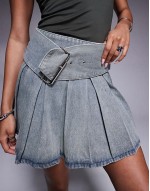 single belt mini skater skirt in dirty indigo