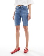 high waisted bermuda denim shorts in mid blue
