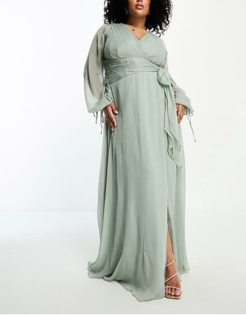 Curve bridesmaid long sve ruched maxi dress with wrap skirt in olive