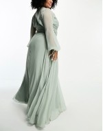 Curve bridesmaid long sve ruched maxi dress with wrap skirt in olive