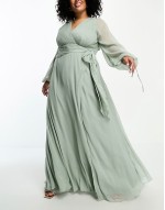 Curve bridesmaid long sve ruched maxi dress with wrap skirt in olive