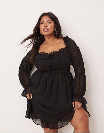 Curve dobby milkmaid long sve sve shirred waist mini dress in black