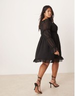 Curve dobby milkmaid long sve sve shirred waist mini dress in black