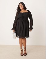 Curve dobby milkmaid long sve sve shirred waist mini dress in black