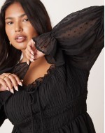 Curve dobby milkmaid long sve sve shirred waist mini dress in black