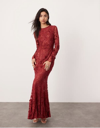 embroidered floral long sve lace open back maxi dress in burgundy