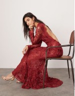 embroidered floral long sve lace open back maxi dress in burgundy