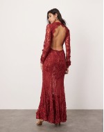 embroidered floral long sve lace open back maxi dress in burgundy