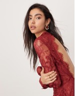 embroidered floral long sve lace open back maxi dress in burgundy