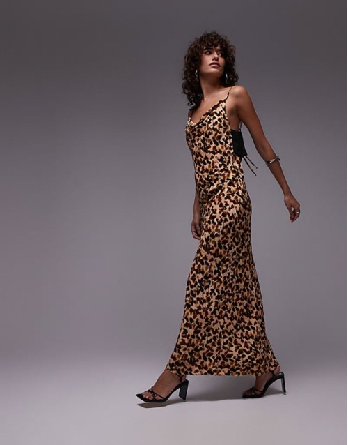twist back cowl neck midi slip in abstract spot with black back detail