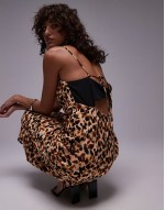 twist back cowl neck midi slip in abstract spot with black back detail