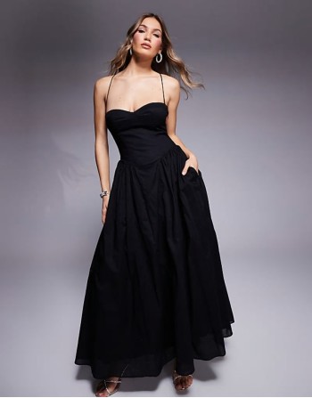 tie back corset maxi dress in black