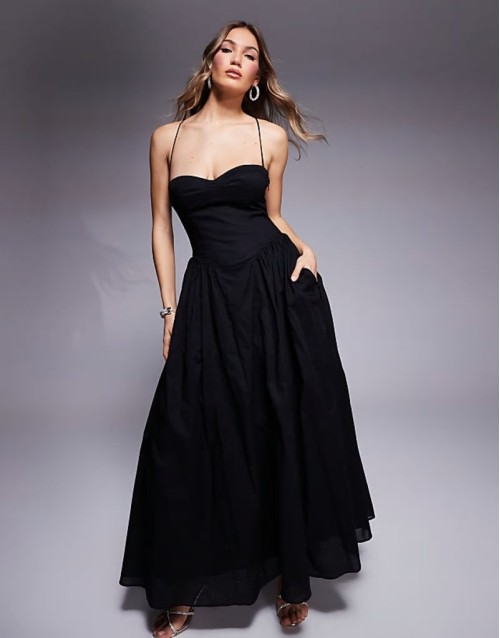 tie back corset maxi dress in black