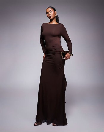 long sve frill detail a line maxi dress in chocolate