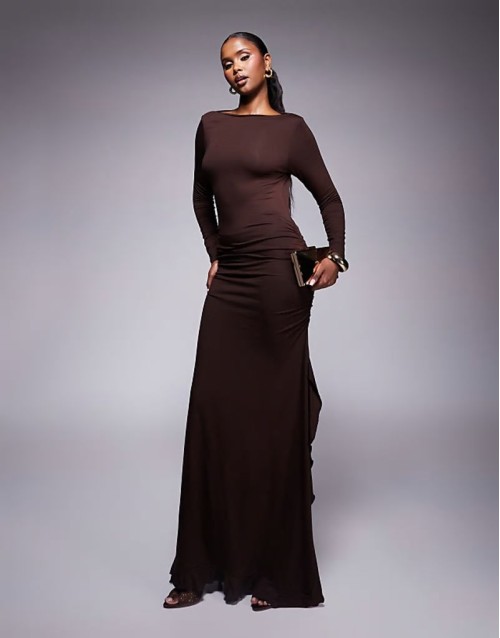 long sve frill detail a line maxi dress in chocolate