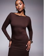 long sve frill detail a line maxi dress in chocolate