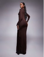 long sve frill detail a line maxi dress in chocolate