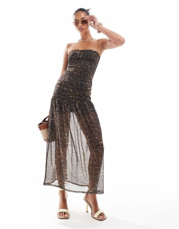 mesh bandeau drop waist midaxi dress in leopard print