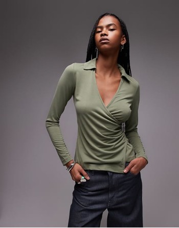 cupro long sve wrap top in green