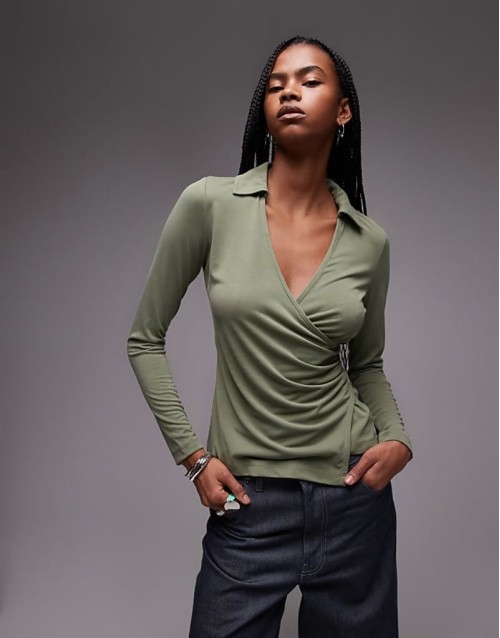 cupro long sve wrap top in green