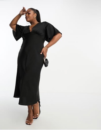 Curve exclusive satin flutter sve midi dress in black
