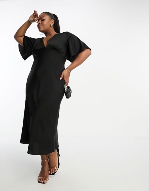 Curve exclusive satin flutter sve midi dress in black