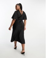 Curve exclusive satin flutter sve midi dress in black