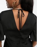 Curve exclusive satin flutter sve midi dress in black