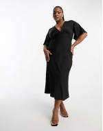 Curve exclusive satin flutter sve midi dress in black