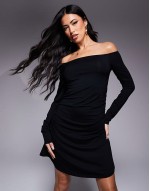 off shoulder asymmetric mini dress in black