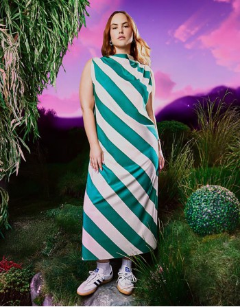 high neck column maxi dress in green stripe
