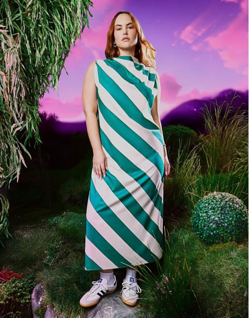 high neck column maxi dress in green stripe