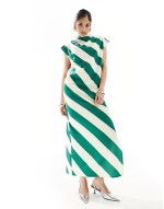 high neck column maxi dress in green stripe