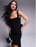 London square neck oversized bow back detail mini dress in black
