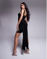 London square neck oversized bow back detail mini dress in black