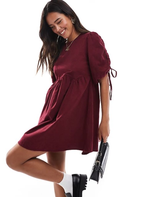 micro cord mini smock dress in deep red