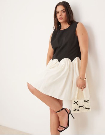 contrast drop hem mini dress in monochrome