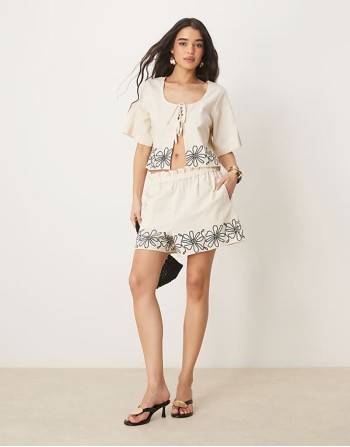 embroidered tie top and hem shorts co-ord in natural