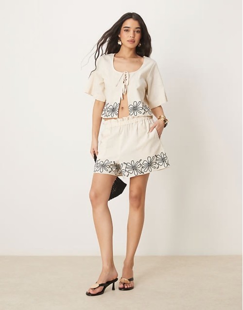 embroidered tie top and hem shorts co-ord in natural