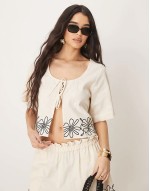 embroidered tie top and hem shorts co-ord in natural