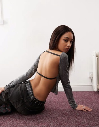 backless long sve top in gunmetal sequin
