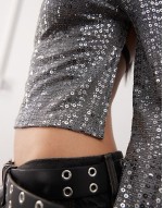 backless long sve top in gunmetal sequin