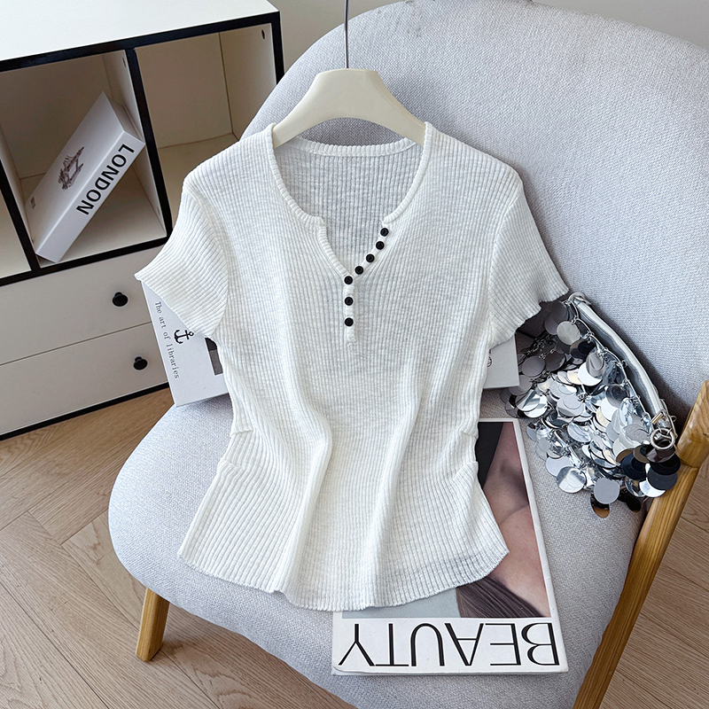 2026 Summer New Half-Open Round Neck Striped Contrast Ice Silk T-Shirt Tencel Linen Knit Top for Women