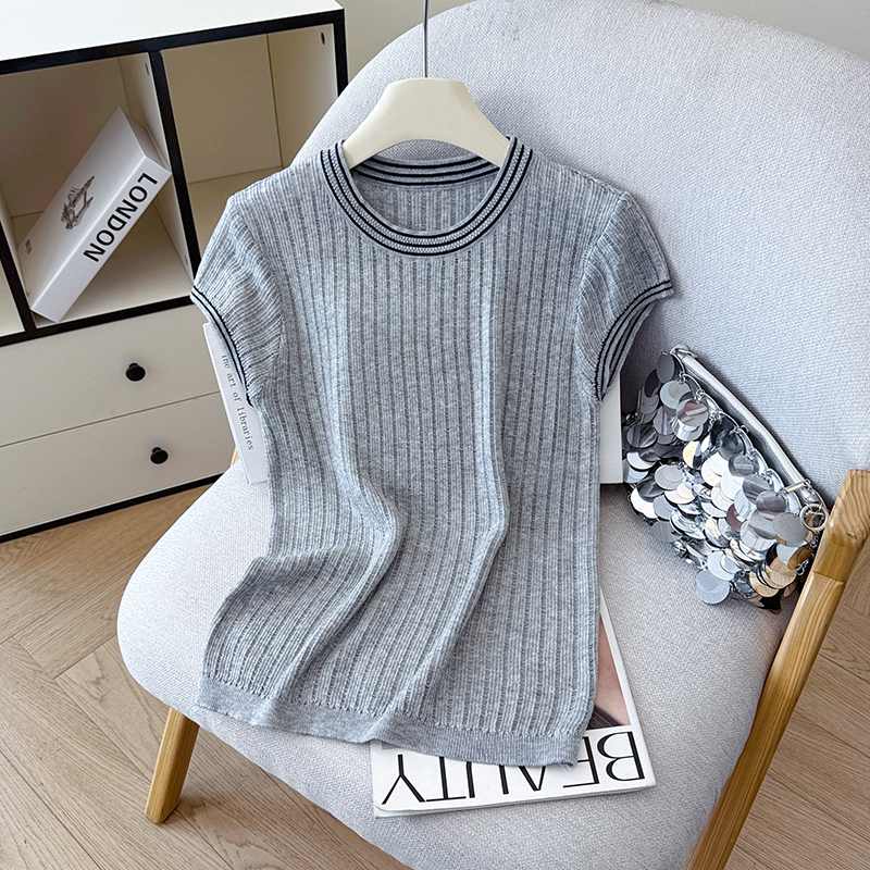 2026 Summer New Contrast Collar Striped Short Sleeve Ice Silk T-Shirt Tencel Linen Knit Top Women - Image 2